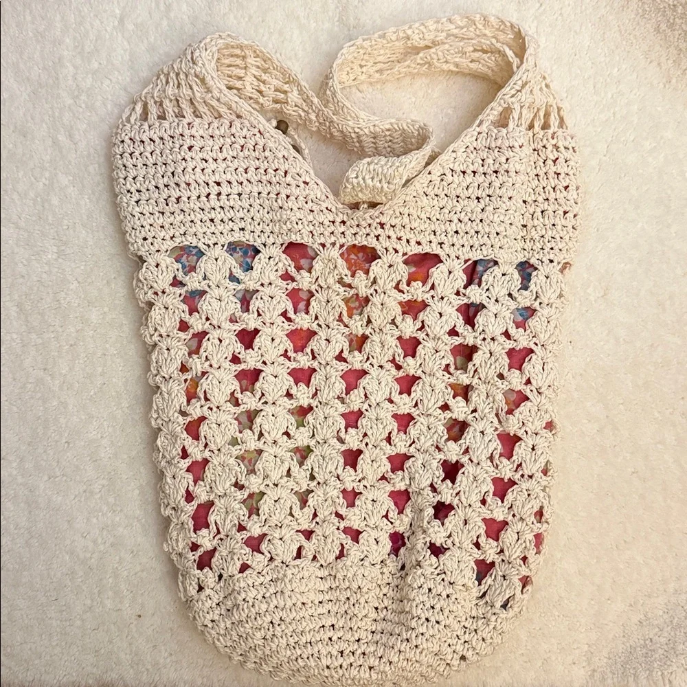 Crochet Lace Market Tote Boho Cream Knit Shoulder Bag Floral Lined NWOT